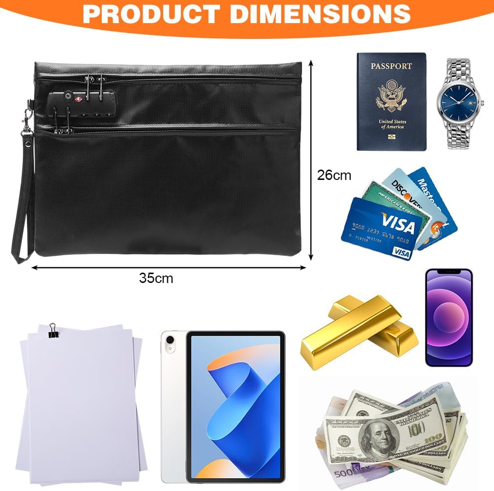 Fireproof Document Bag with Lock, 6400&deg;F 12-Layer Thermal Insulation, Fireproof Money Bag, 36 X 26 Cm, Double Zip Compartment, Fireproof Bag for Cash, Passport, Receipt, Valuables, Black