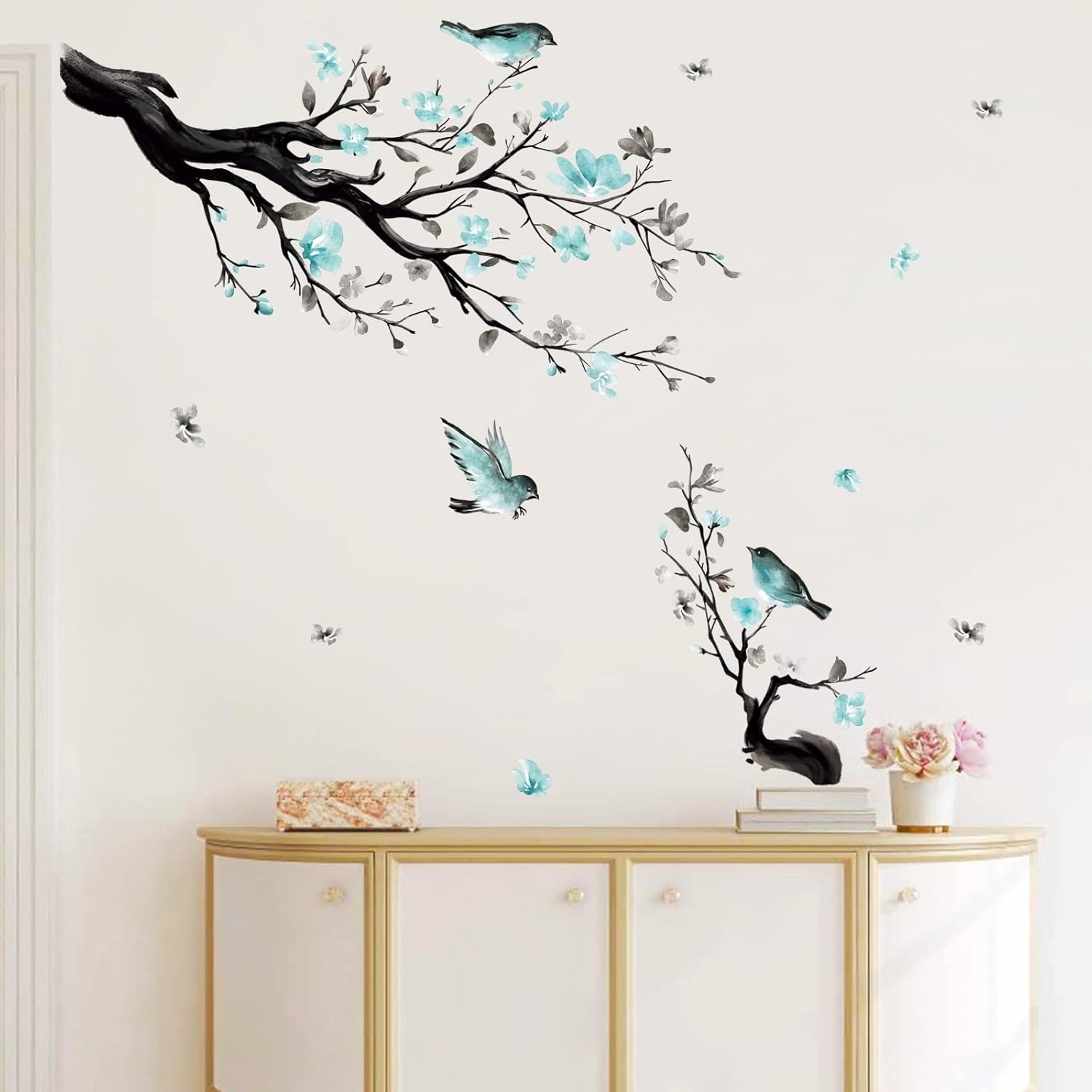 Decalmile Watercolor Blue Flower Wall Decals Blossom Bird Tree Branch Wall Stickers Living Room Sofa TV Background Wall Decor image number 1