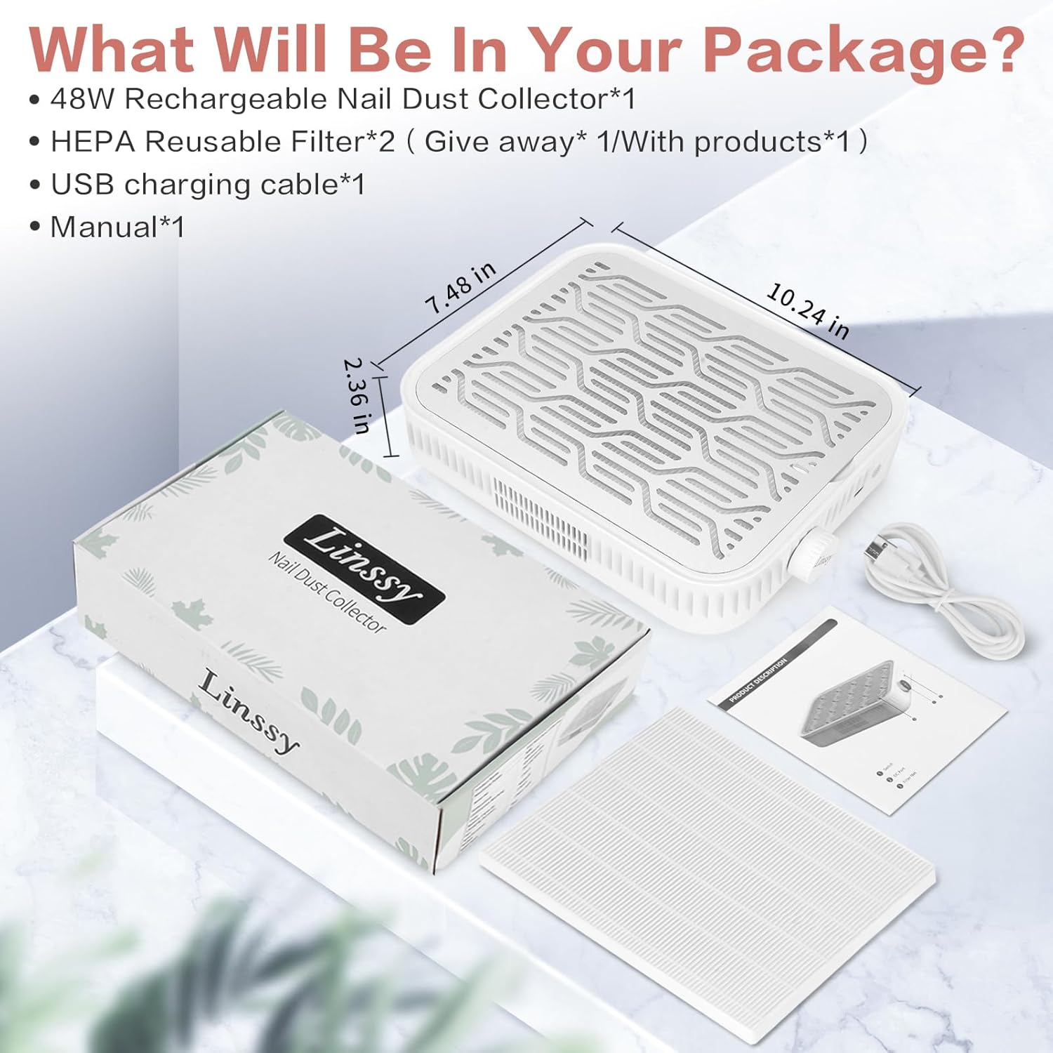 Linssy Nail Dust Collector, Rechargeable & Cordless Dust Collector for Nail Tech with Reusable HEPA Filter, Extractor Dust Suction Machine for Acrylic Nails Polishing at Nail Salon & Home Use image number 2