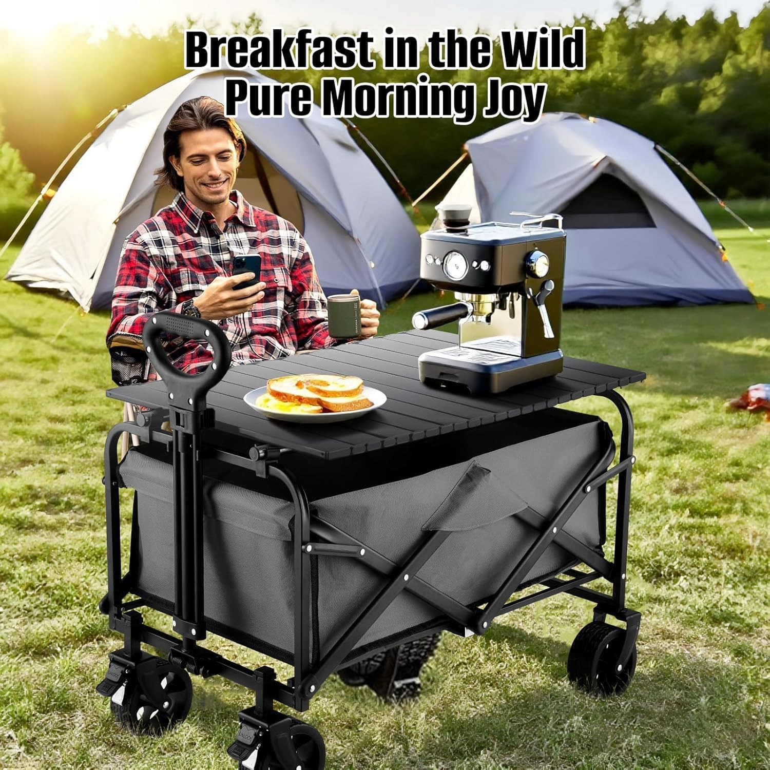 Portable Folding Wagon Tabletop, Black Aluminum Board 34X21 Inch, Heavy-Duty 68 LBS Capacity for Outdoor Camping, Party, Family Activities