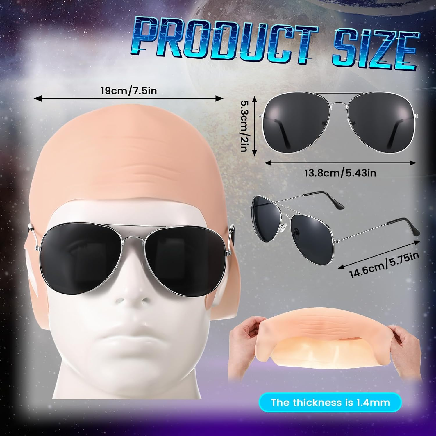Mepase Bald Caps with Glasses for Adult Men Nylon Bald Head Wig Cap Can Be Cut for Halloween Music Festivals Concerts Cosplay image number 1