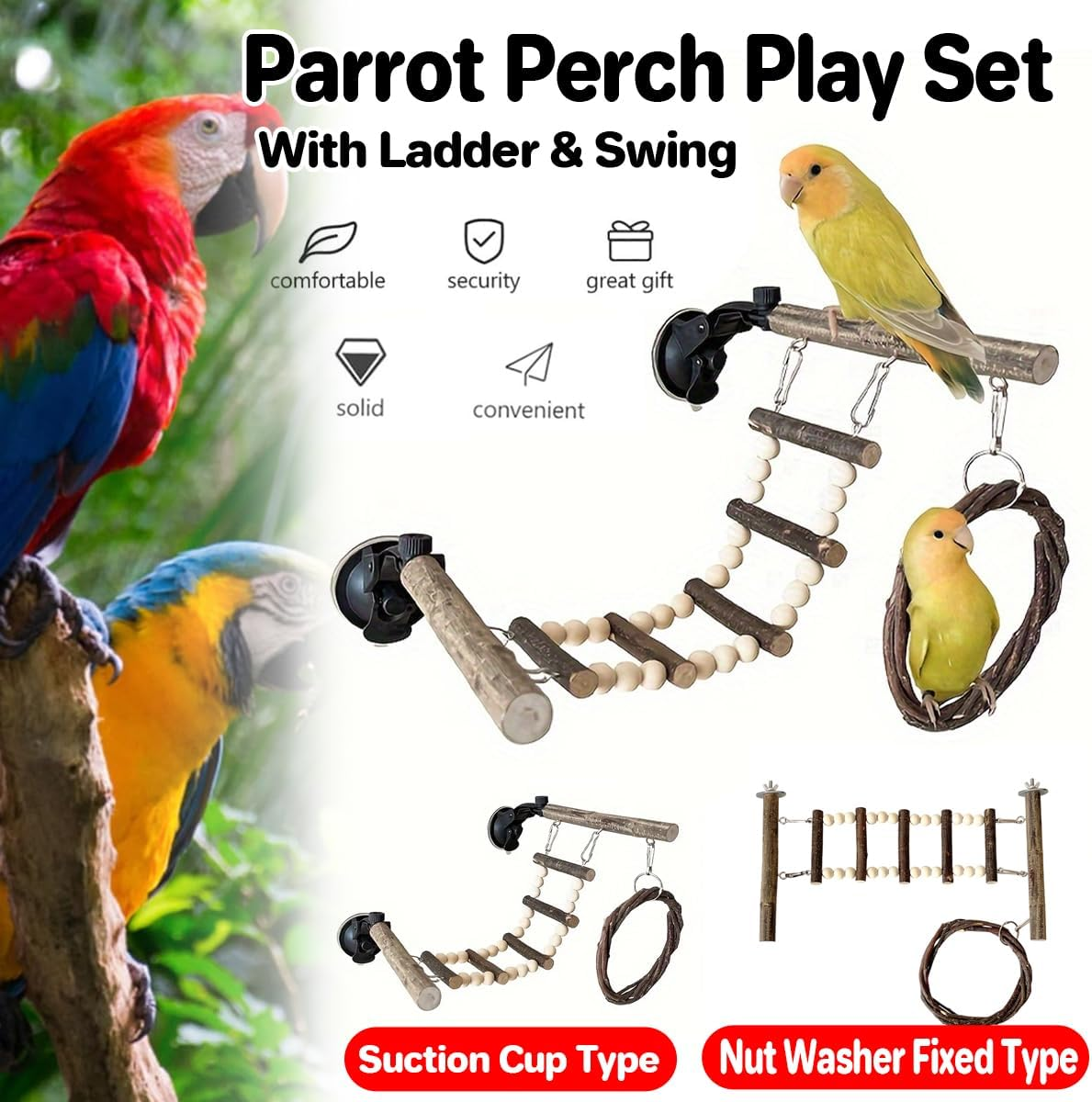AIMALL Wooden Parrot Climbing Ladder and Swing Toy Set, Cage-Mount Interactive Bird Perch with Suction Cup or Nut Washer Fixing, Natural Log Design, 14.96X7.87 Inches image number 1