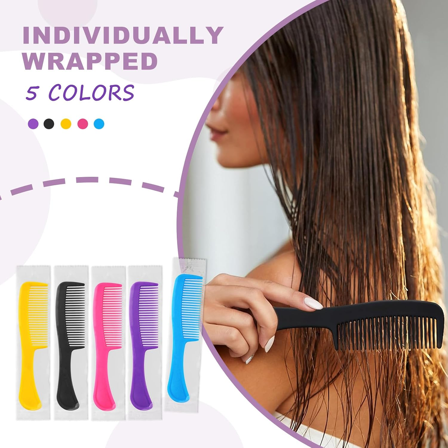 Hqslsund 100Pcs Combs in Bulk Individually Wrapped, Colorful Hair Combs, Bulk Combs for Homeless Individually Wrapped for Women,Kids,Hotel,Airbnb,Shelter/Homeless(Black,Yellow,Pink,Blue,Purple) image number 3