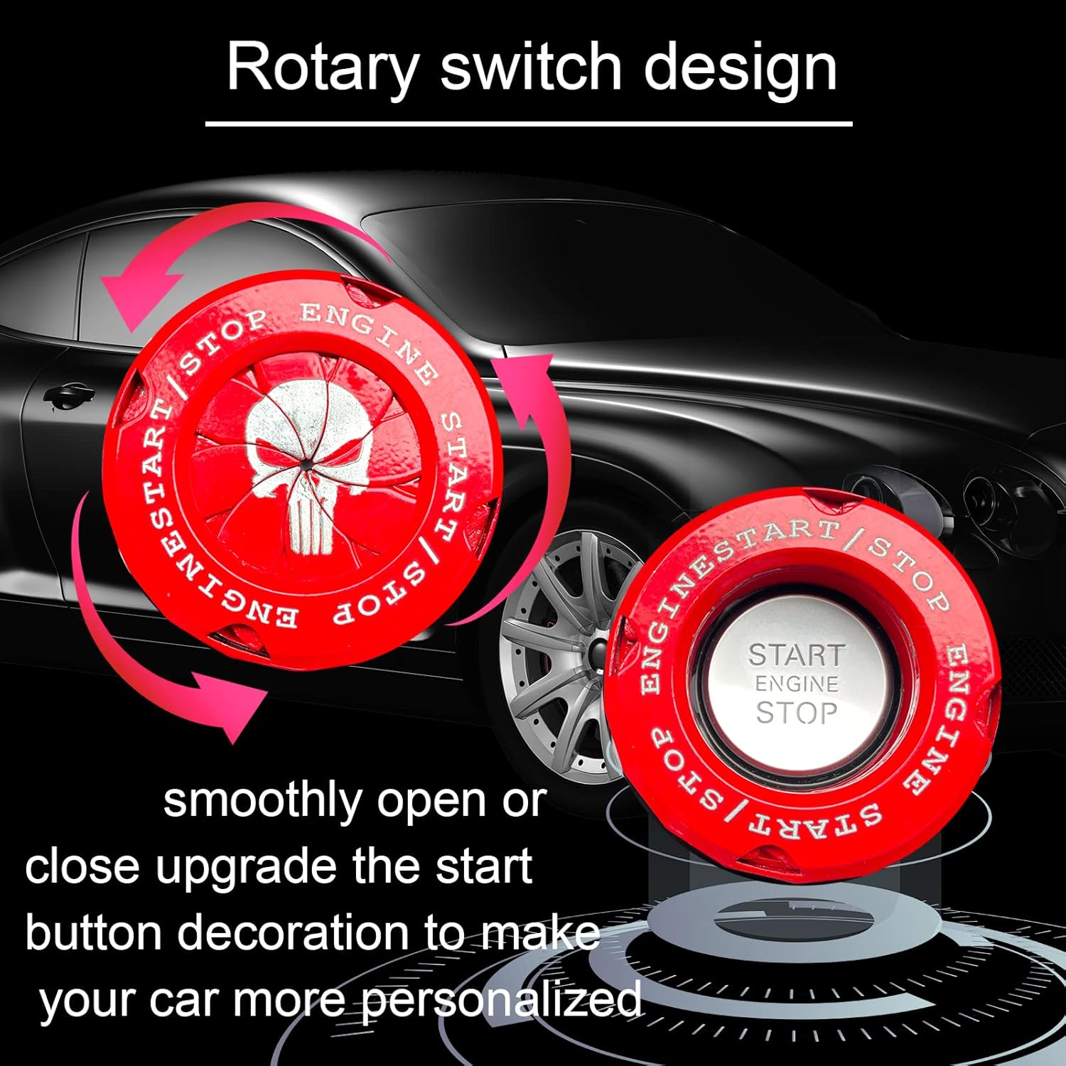 Skull Rotary Car Engine Start Stop Button, Frosted Style DIY Car Engine Push to Start Button, ABS General Motors Ignition Switch Decorative Cover (Skull Red) - Skull Black image number 3