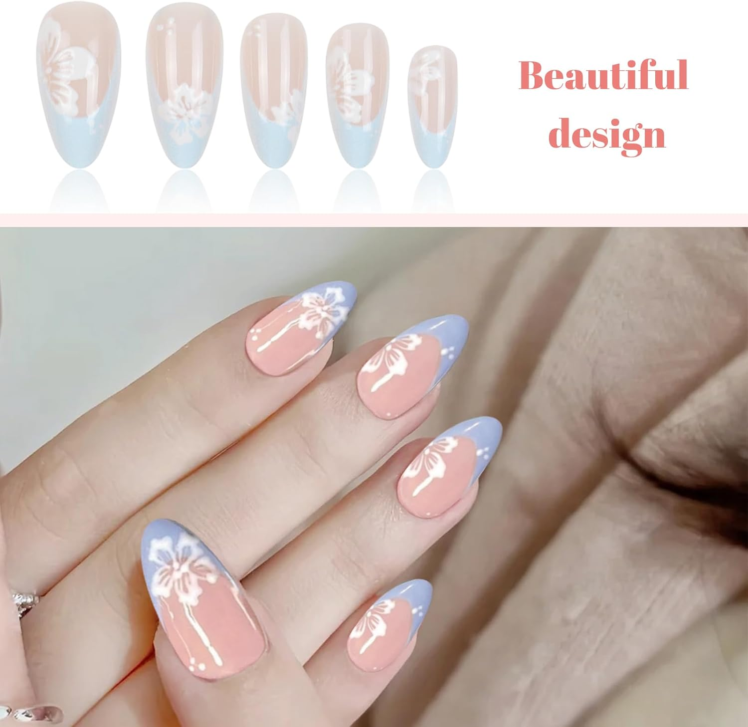 Charmburst Pack of 24 Blue Flowers Press on Nails Almond Medium, False Nails for Sticking, High-Quality ABS False Nails for a Long-Lasting Effect image number 5