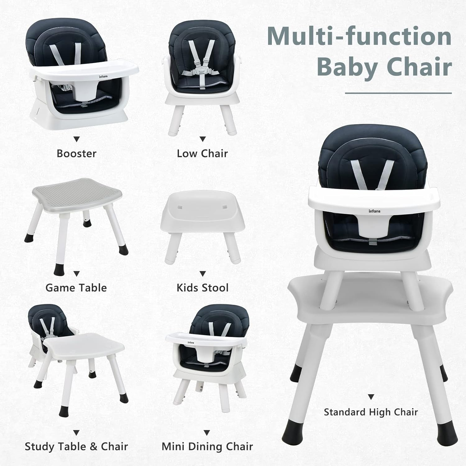 INFANS 8 in 1 Baby High Chair, Convertible Highchair for Babies and Toddlers, Infant Dining Booster Seat, Building Block Table, Kids Stool Table Chair Set with Removable Tray (Black)