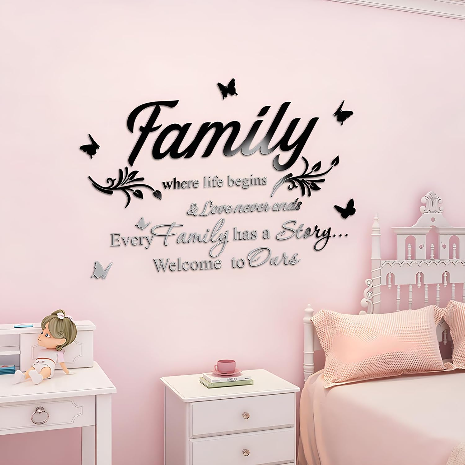 Fkereg Family Where Life Begins & Love Never Ends Every Family Has a Story Welcome to Ours Mirror Wall Decals Stickers, Acrylic Inspirational Quotes Wall Art Words, Home Wall Decor Living Room, Silver - Gold image number 4