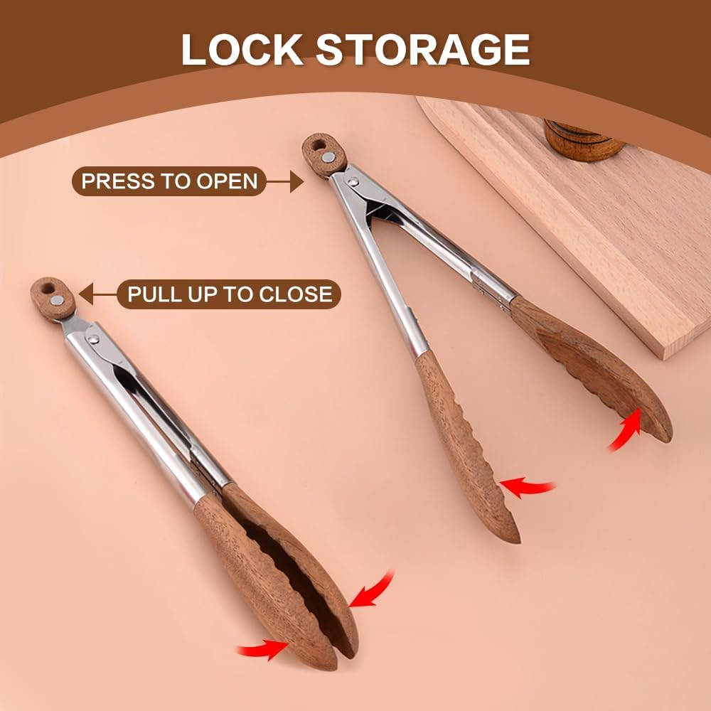 2 Pack Walnut Wooden Kitchen Tongs for Cooking with Wooden Tips - Tongs Ideal for BBQ, Salad, Toaster, Bread & Pickles - Made of Natural Walnut Wood(12 Inch)