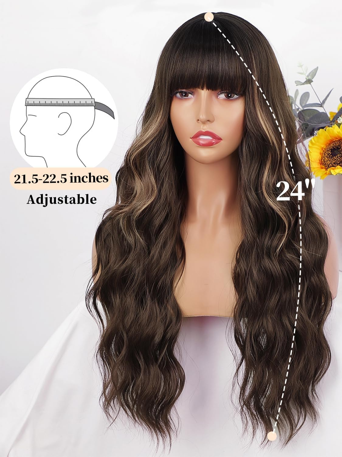 AISI QUEENS Brown Wig with Bangs for Women Long Wavy Hair Wig Brown Highlight Wig Curly Wavy Synthetic Wigs for Girls Daily Party Use image number 3