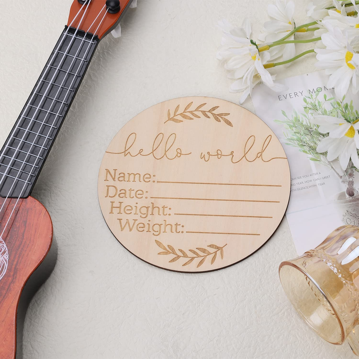 AIEX Wooden Baby Announcement Hello World Plaque, 5.9 Inch round Birth Sign, Baby Name Newborn Welcome for Hospital Photo Prop, Baby Shower Nursery Gift image number 5