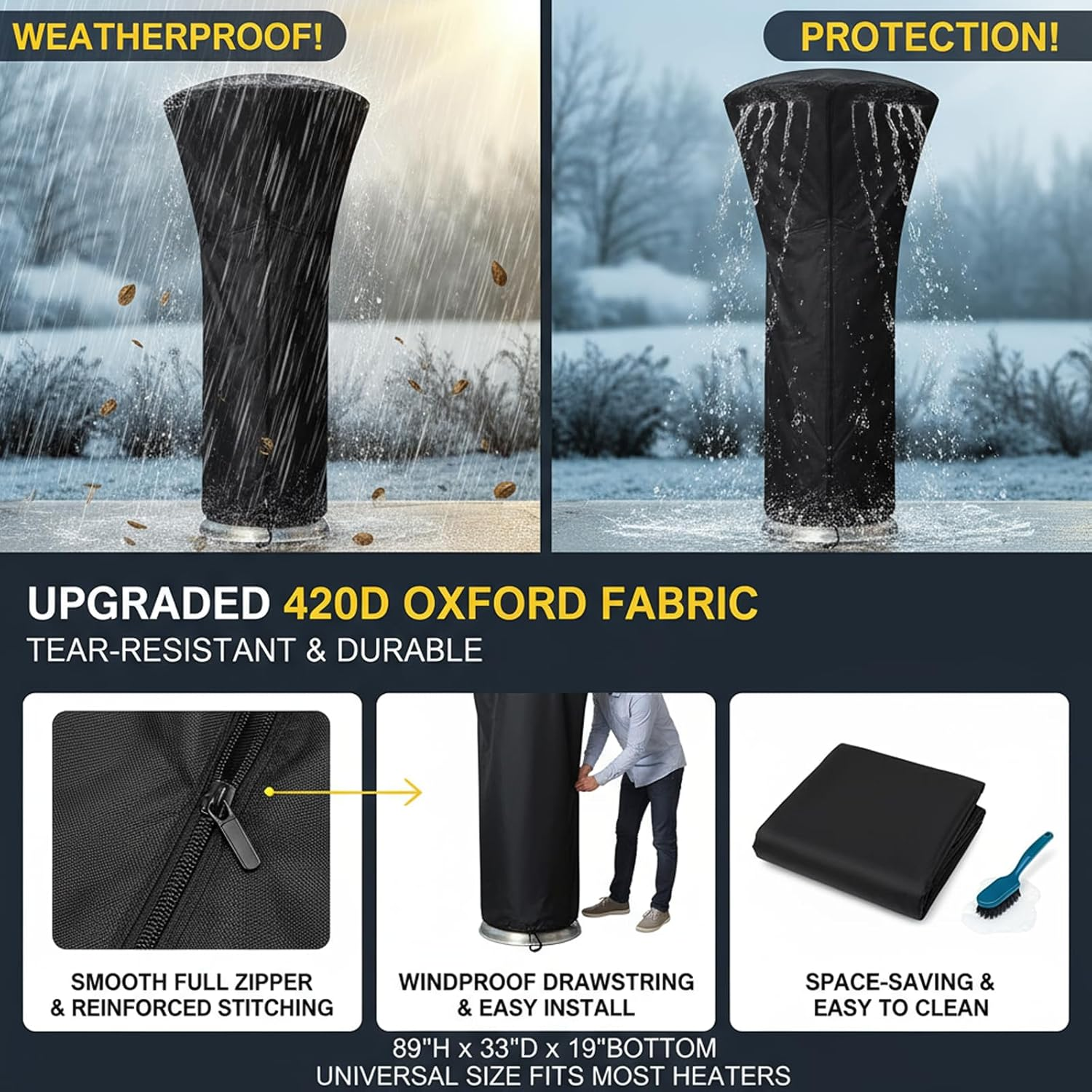 Outdoor Patio Heater Cover Waterproof with Zipper &ndash; 420D Oxford Fabric, Windproof Dustproof Weather-Resistant Heater Protection Cover, Universal Size 89&rdquo;H X 33&rdquo;D X 19&rdquo;B (Black) &ndash; Damaill (Black) image number 2
