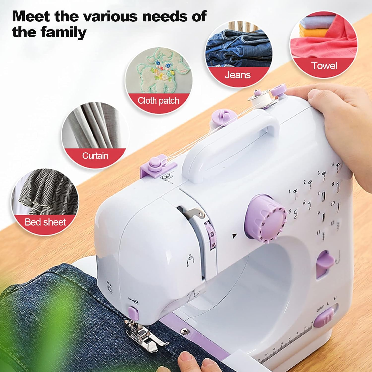 Sewing Machine, Mini Sewing Machine for Beginners, with 97 Pieces Sewing Kit & Case, Portable Sewing Machines, 12 Built-In Stitch Patterns, Light, 11 Sewing Machine Presser Feet - Purple & White image number 6