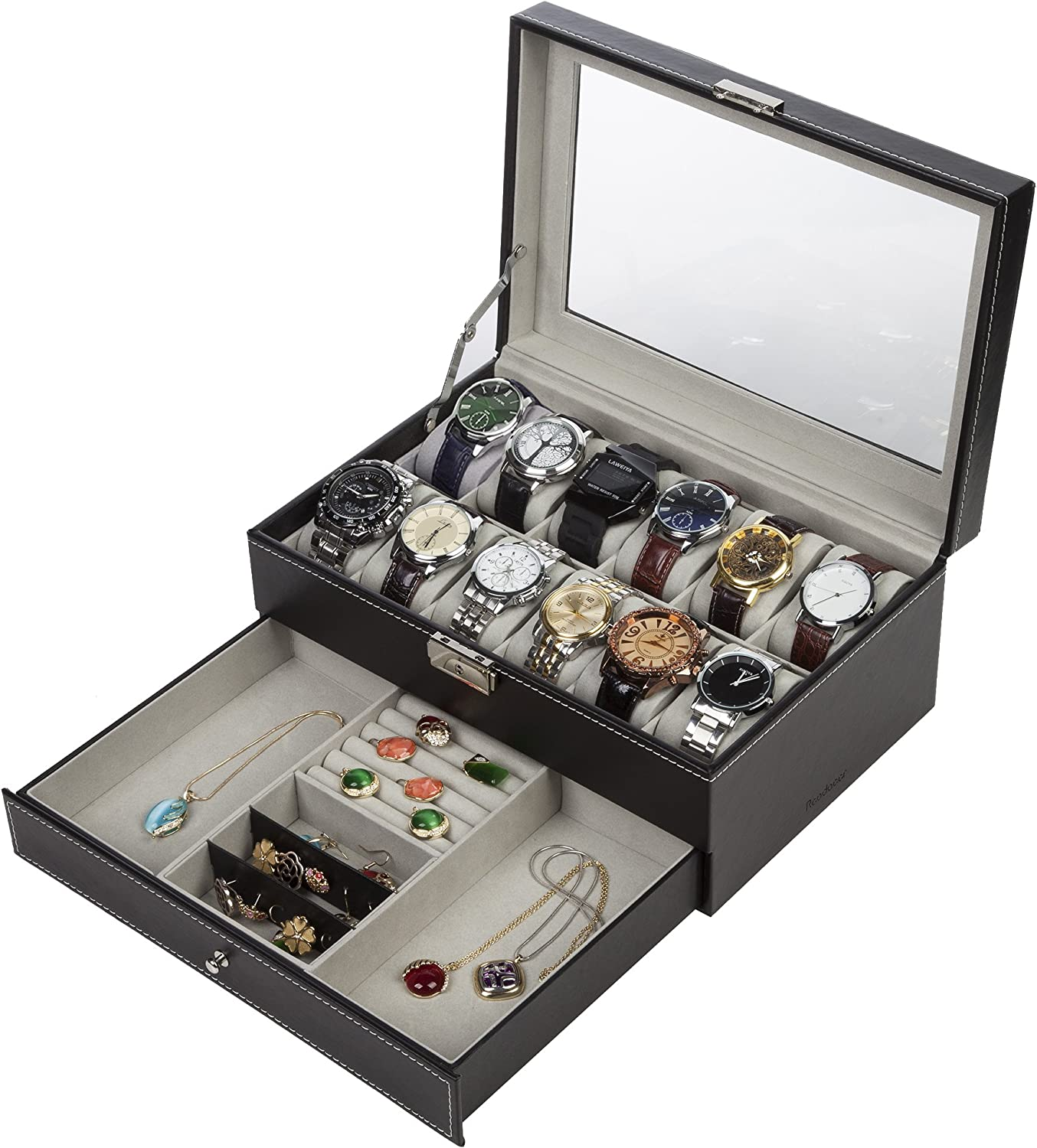 Readaeer Black Leather Watch Box Jewelry Display Case with Drawers, Jewelry Box (12 Slots with 2 Layers) image number 5