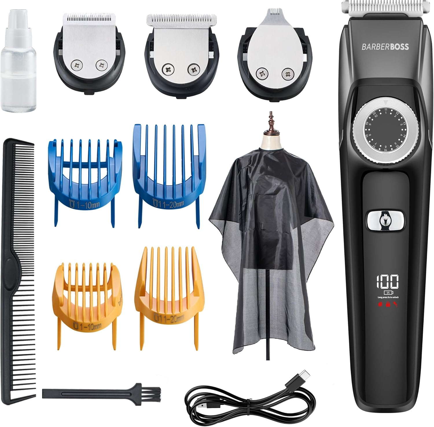 Barberboss 3 in 1 Facial Grooming Kit, Hair, Detail & Beard Trimmer, Men&rsquo;S Hair Clipper, Precision Control Dial, 4 Guide Combs, USB Rechargeable, LED Display, 100% Waterproof, QR-6086 image number 4
