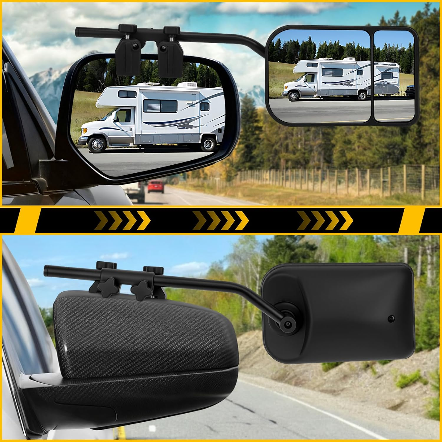 WODHMIEY Universal Towing Mirror, Clip on Towing Mirrors Extensions, 360 Degree Rotation, Adjustable Angle Metal Bracket for Trailer Bus RV Truck with ABS Glass Construction image number 5