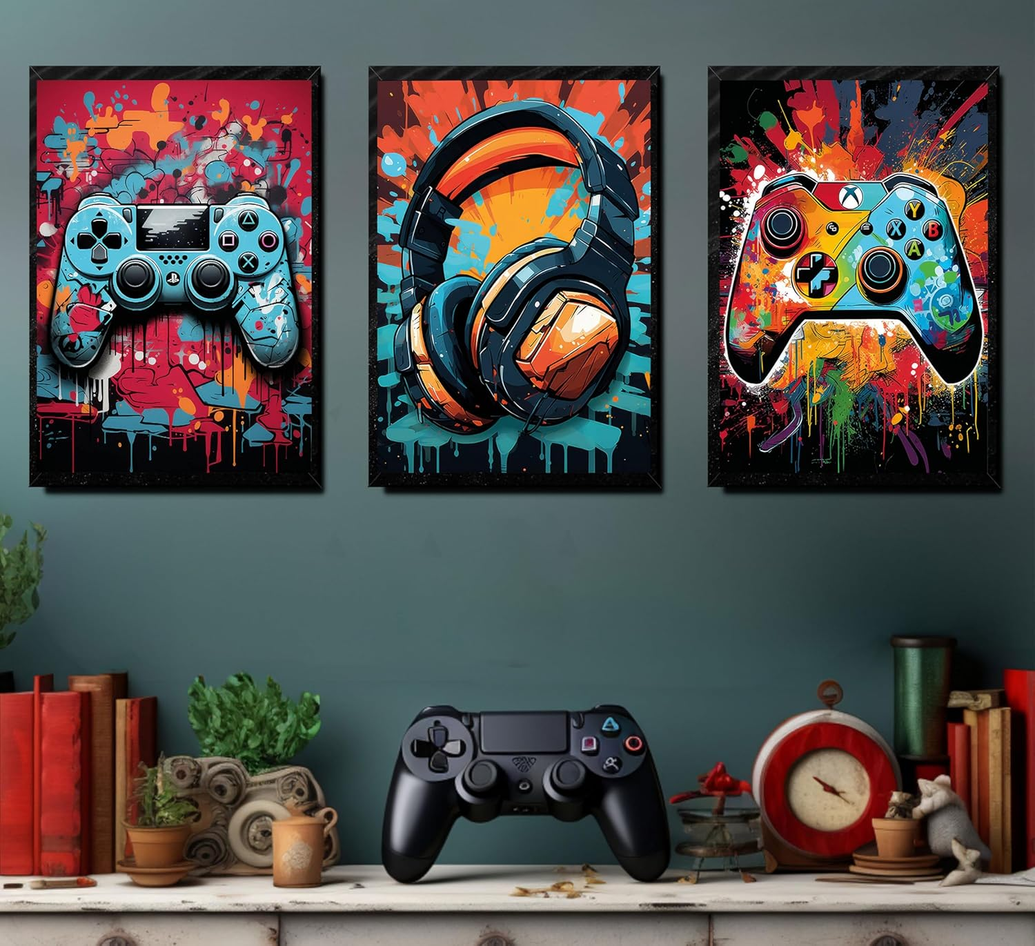 NBYARTQ 3Pcs Cool Gaming Wall Art Retro Video Game Watercolor Posters Pictures Colorful Neon Gamepad Canvas Painting Prints for Boys Room Kids Bedroom Home Decoration 12X16In Unframed image number 2