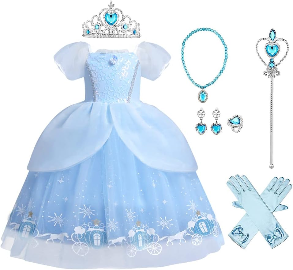 IWEMEK Girls Cinderella Dress Princess Costume + Accessories Set Fairy Tale Cosplay Halloween Carnival Costumes Christmas Birthday Pageant Party Fancy Dresses Kids 3-12 Years image number 1