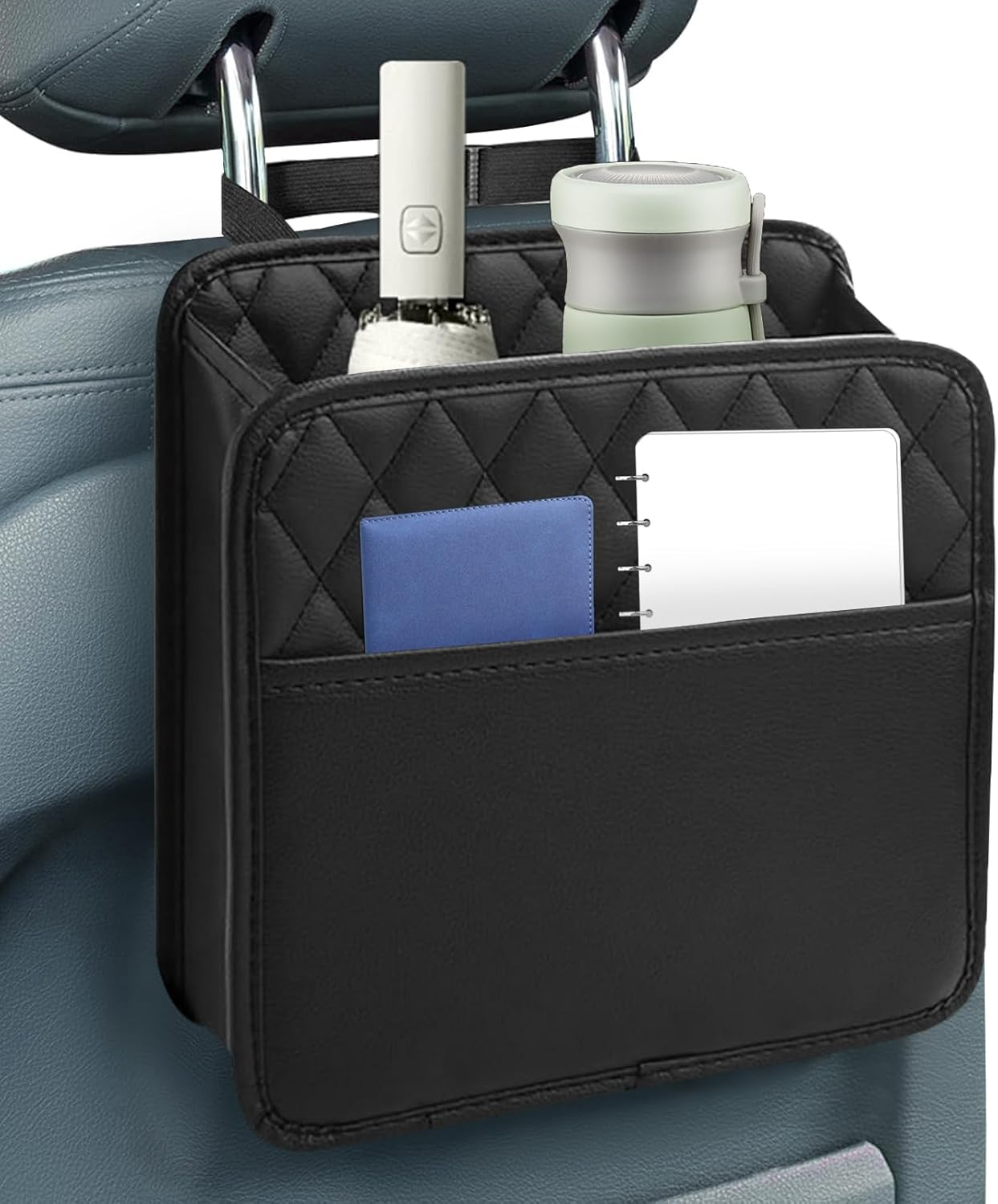 Car Seat Back Organizer, PU Leather Car Seat Storage, Hanging Back of Seat Car Organizer, Car Seat Organizer for Most Vehicles (Black) image number 4