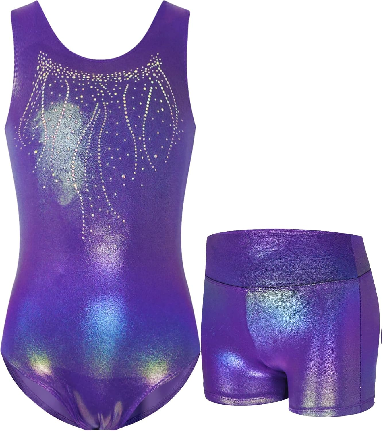 Gymnastics Leotards for Girls Sparkly Tumbling Bodysuits with Shorts Athletic Activewear Sleeveless Dance Outfit image number 2