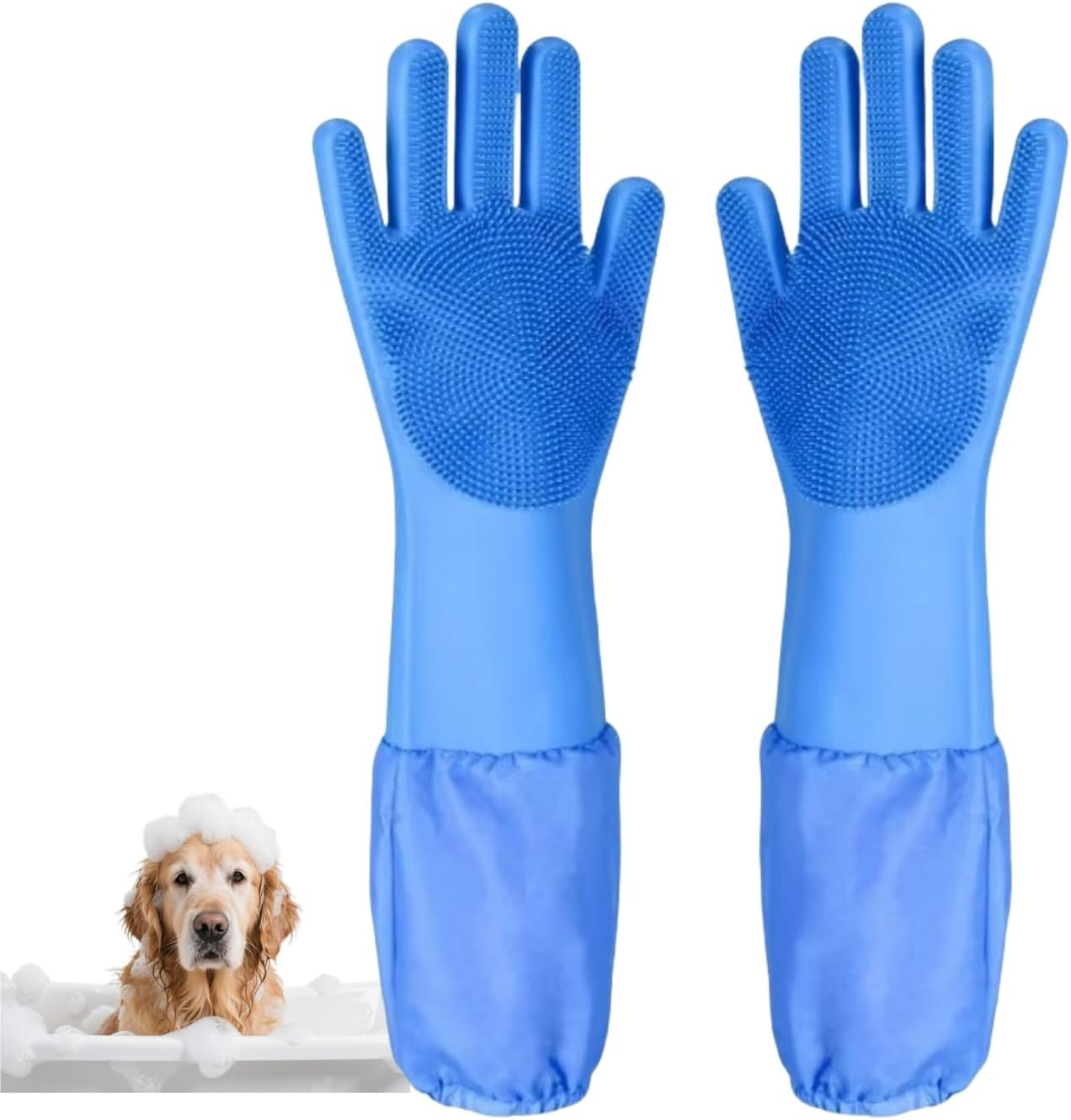Bryzant Pet Grooming Gloves Extended Heat-Resistant High-Density Comb Silicone Gloves for Bathing Hair Removal and Massage for Dogs and Cats (Blue) ﻿ image number 6
