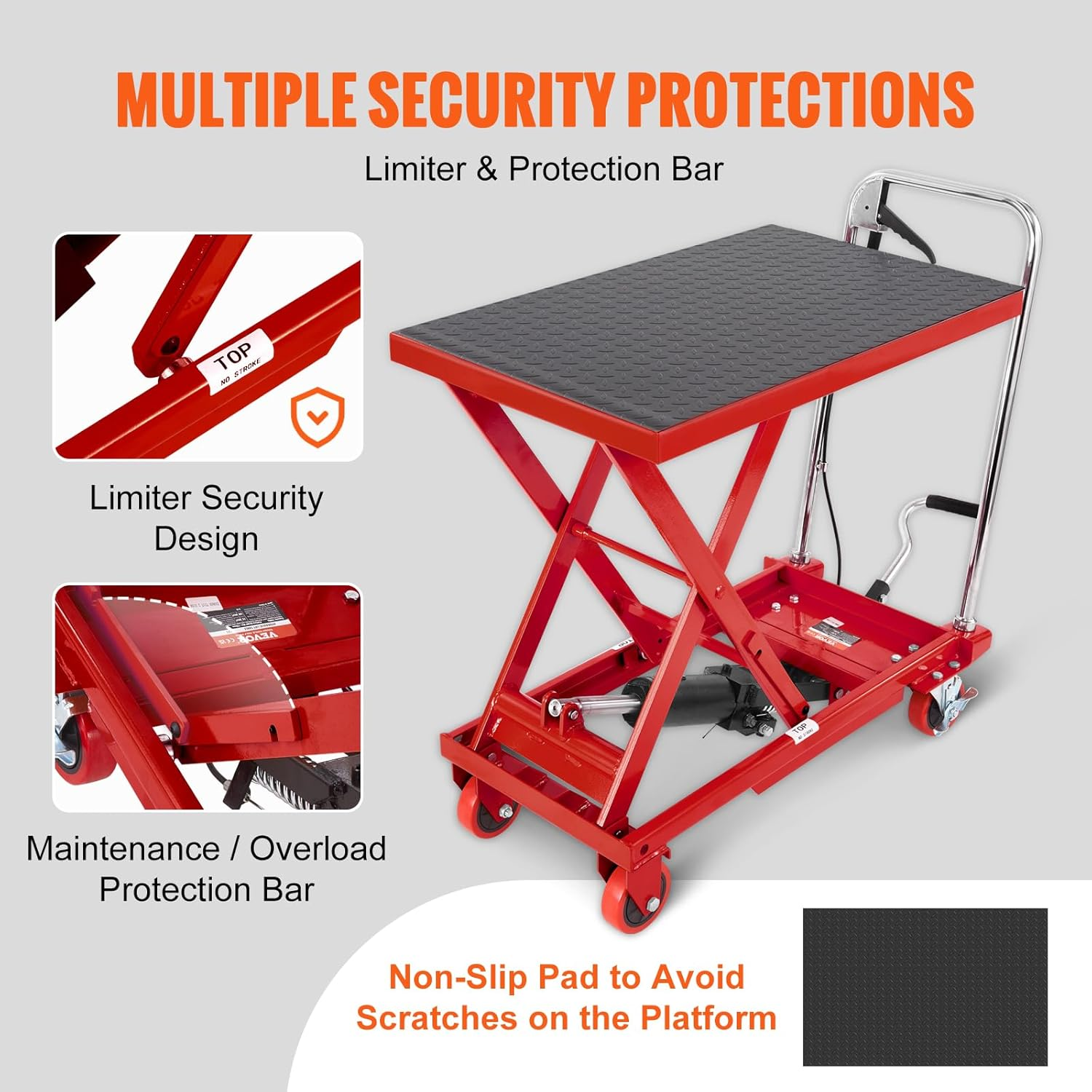 VEVOR Hydraulic Lift Table Cart, 500Lbs Capacity 28.5" Lifting Height, Manual Single Scissor Lift Table with 4 Wheels and Non-Slip Pad, Hydraulic Scissor Cart for Material Handling, Red image number 6