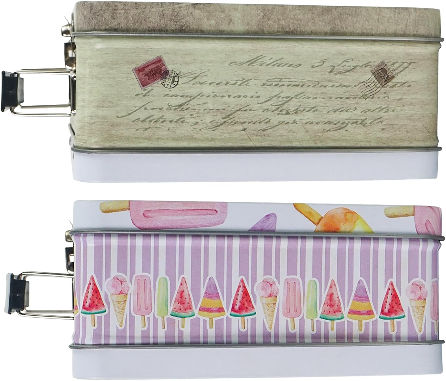 Dreamseden 2-Pack Tin Storage Box Set - Small Handheld Decorative Metal Box with Handle - Adorable Popsicles & Vintage Sketch Patterns 7.8 X 6.1 X 2.9 Inch Keepsake Case Gift Set image number 5