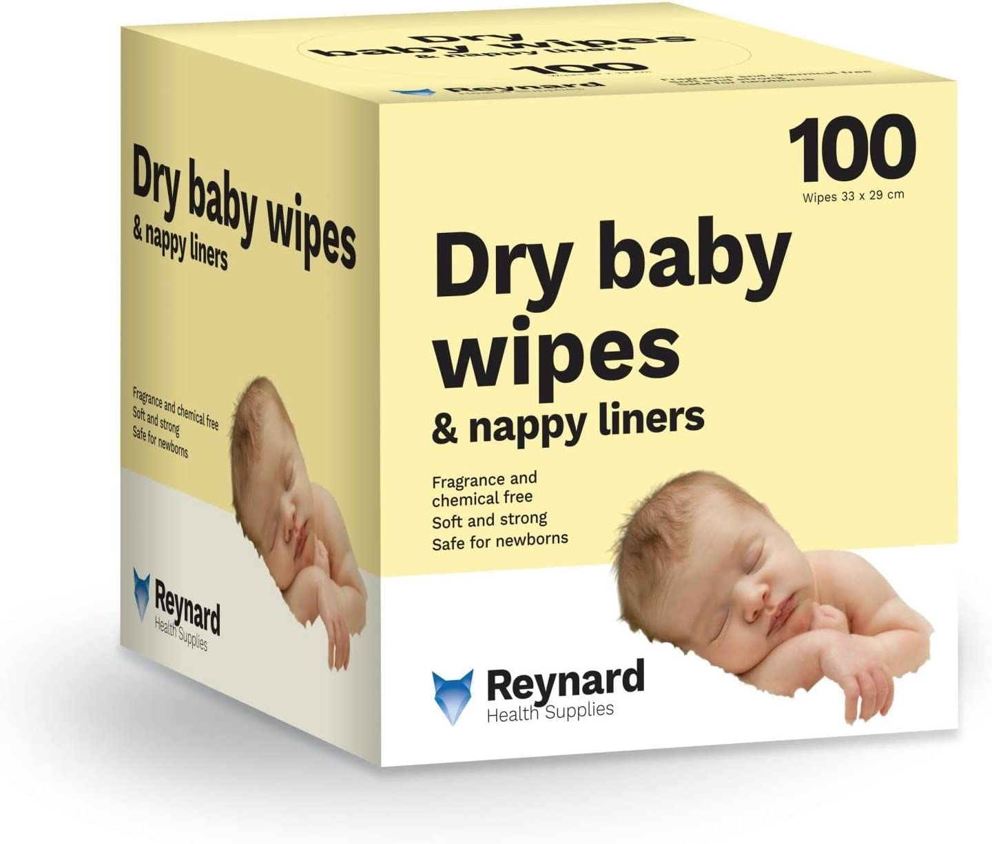 Reynard Health Supplies Ultra-Soft Dry Baby Wipes, Chemical & Fragrance Free, White, 33 X 29 Cm, 100 Count image number 3