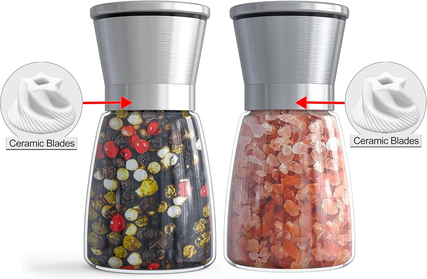 Salt and Pepper Grinder Set - Refillable Grinder Adjustable Coarseness of Pepper Salt Spice Stainless Steel Mills Glass 6Oz（2 Pack） - Silver1 image number 3