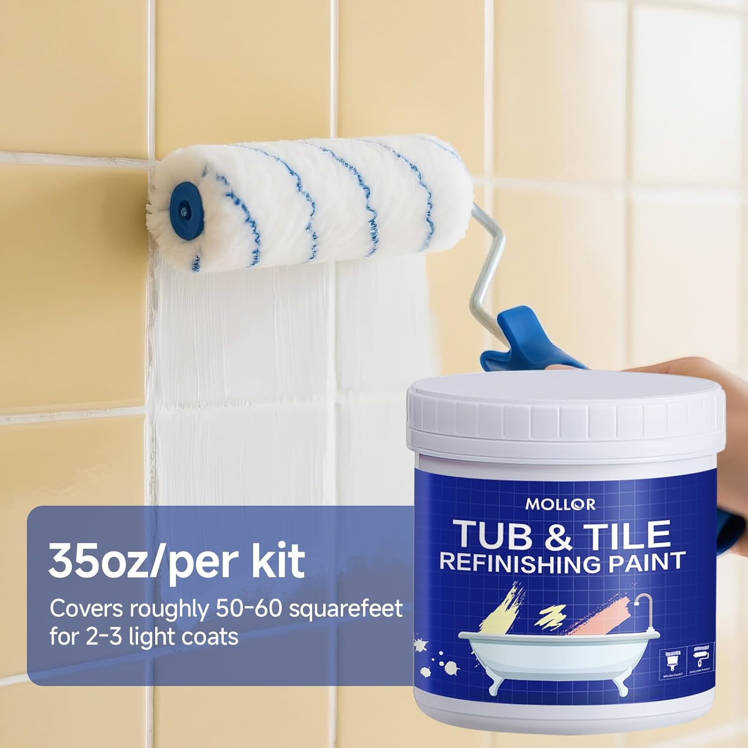 Tub and Tile Refinishing Kit with Tools, 1KG White Tile Paint Water Based & Low Odor, DIY Bathtub Paint, Easy to Use for Bathroom, Kitchen, Porcelain, Floor, Semi-Gloss White,50-60Sq.Ft image number 3