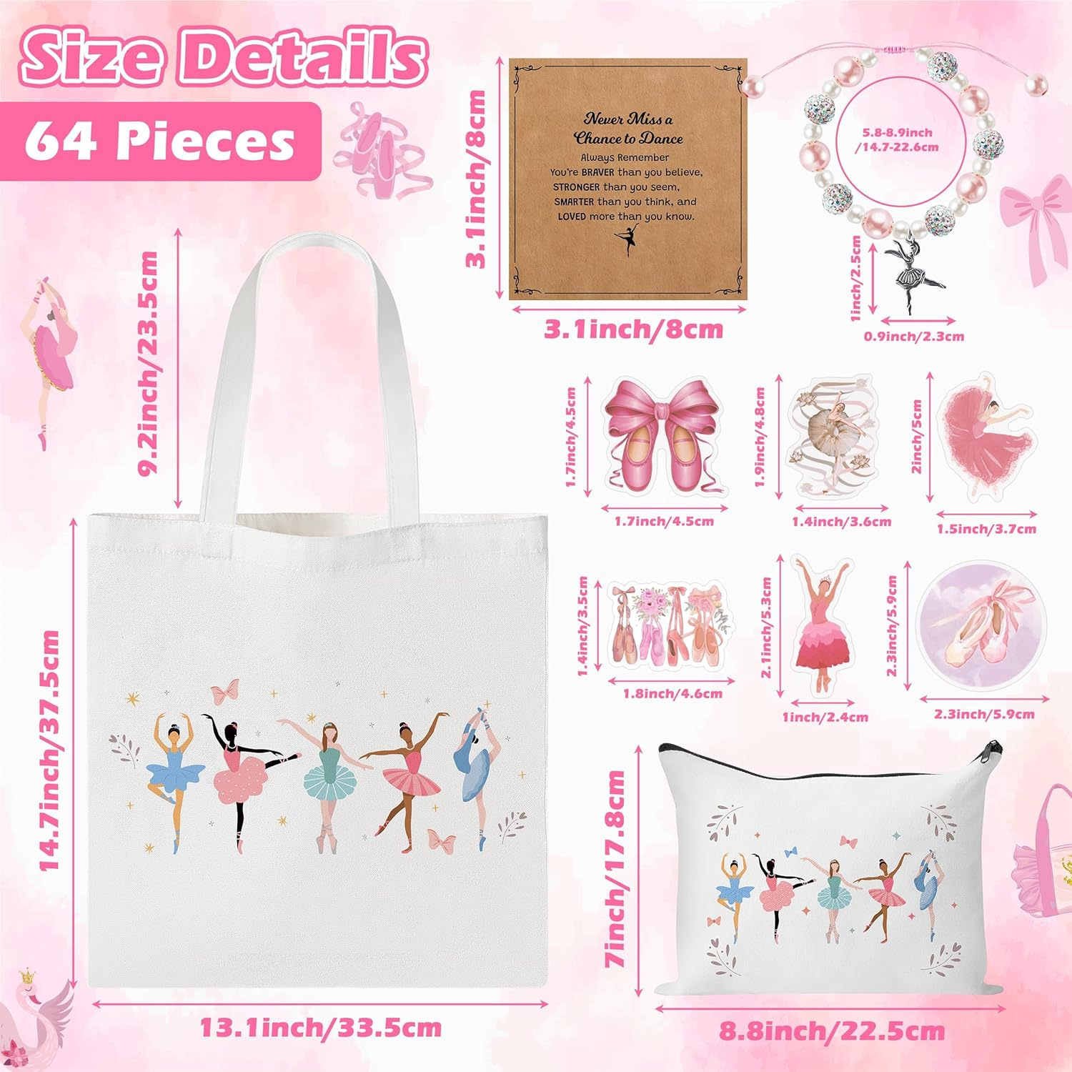Y1Tvei Cute Ballerina Canvas Bags Kit- Ballet Dancing Girl Recital Gifts with Tote Bag Makeup Pouch Stickers Bracelet Card