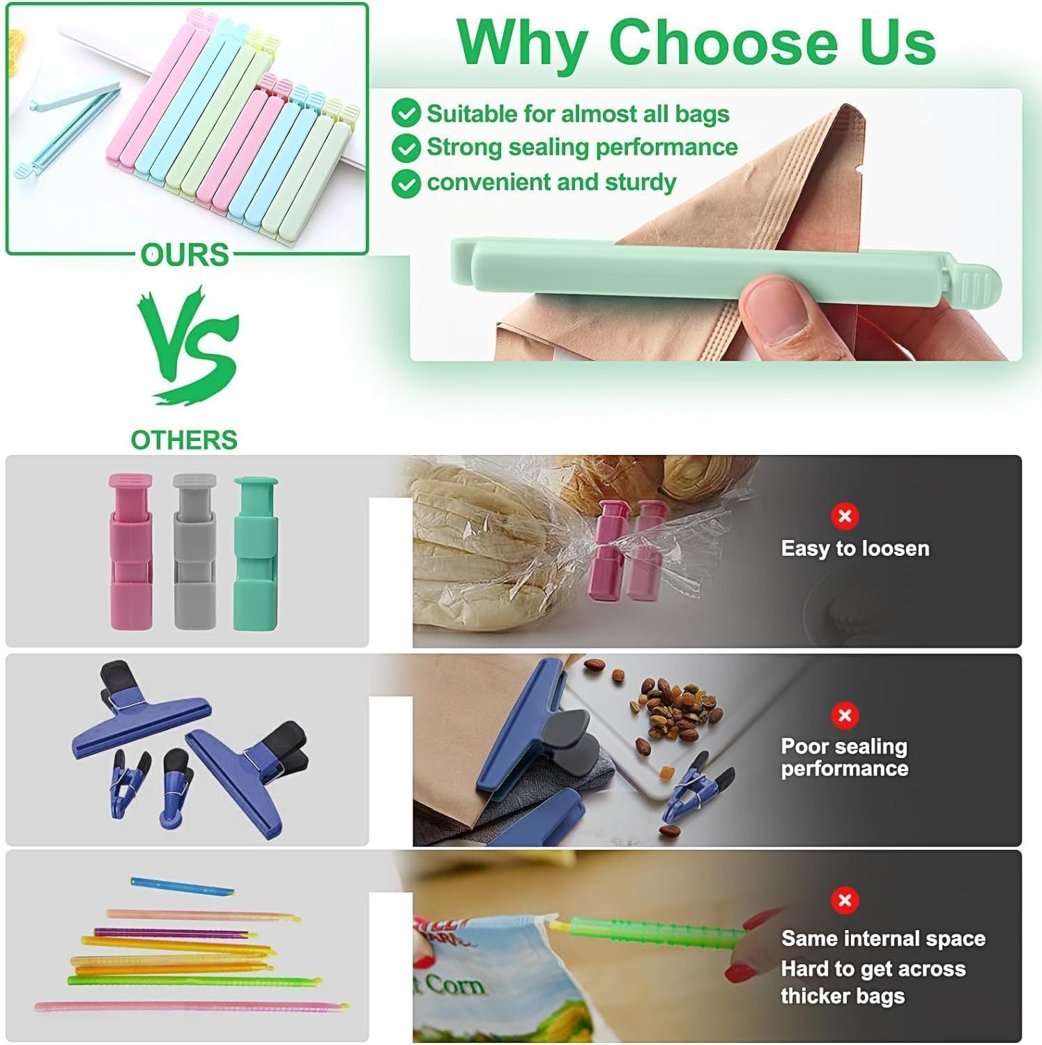 12 Pcs Bag Sealing Clips for Food Package, Resealable Chip Clips Food Bag Sealers for Food Storage Snack Bags - Washable, Freeze-Resistant, and Microwave Safe(15 Cm, 12Cm) image number 3