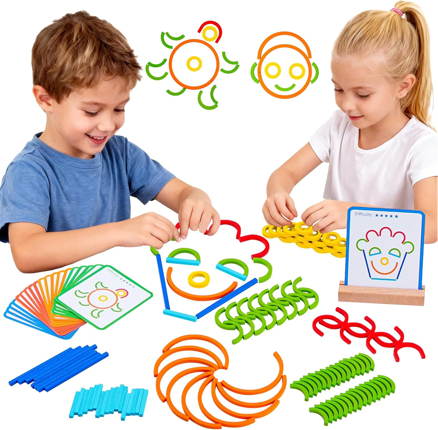 Montessori Smart Sticks and Rings Set with Challenge Cards, 120PCS Creative STEM Kit with Wooden Pattern Blocks for Kids, Preschool Learning Activities and Classroom Use image number 4