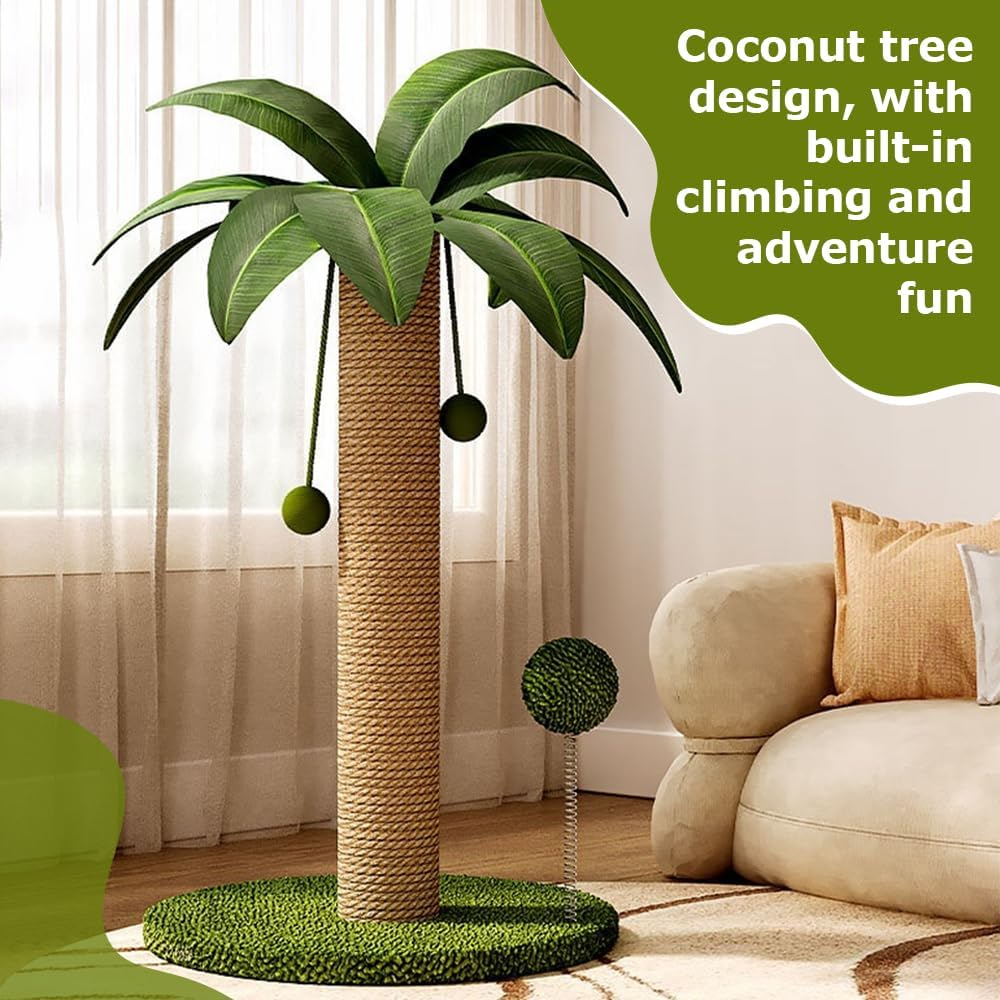 Coconut Tree Cat Scratching Post, Sisal Rope Pussy Pillar, Interactive Mog Tree, Stable Wide Base & Fun Hanging Balls, for All Cats（41X41X63Cm） image number 4