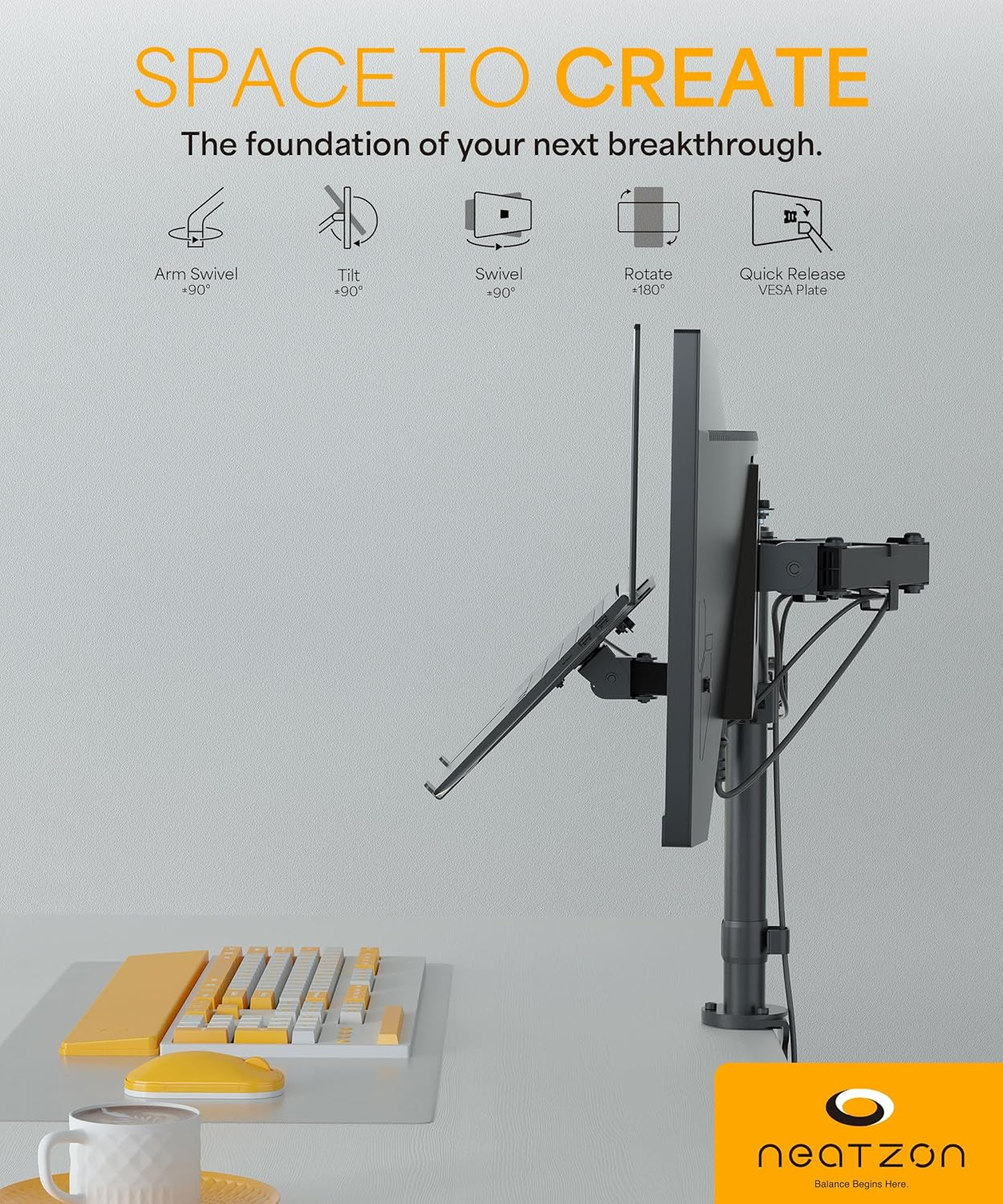 Neatzon Laptop and Monitor Arm &ndash; Sleek Desk Mount for Notebook and Screen up to 8Kg, Ergonomic Articulating Stand with Cable Management, VESA Compatible NZ-ARM-02 image number 2