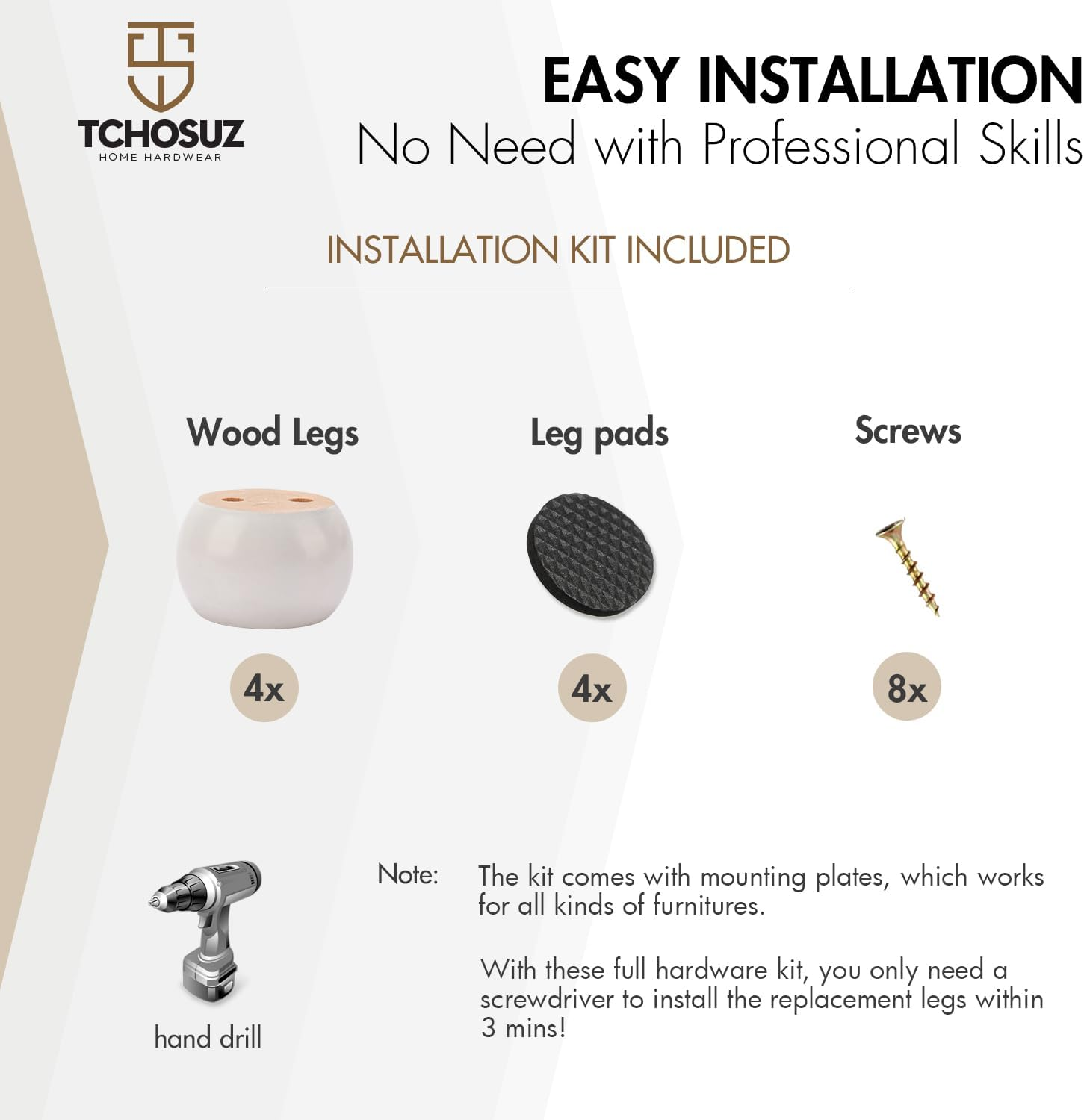 2 Inch / 5Cm Wooden Furniture Legs, Pack of 4 White Solid Wood Turned DIY Replacement Bun Feet with M8 Hanger Bolts & T-Nuts or Sofa Couch Cabinet Recliner Ottoman Riser - Walnut image number 6