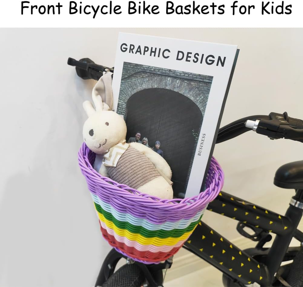 Kids Bike Basket, Front Bicycle Bike Baskets for Kids, Small Wicker Bike Basket for Boys and Girls, Small Wicker Basket for Bike, with 1Pc Bicycle Bell, and 1Pairs Ribbons Tassels image number 5