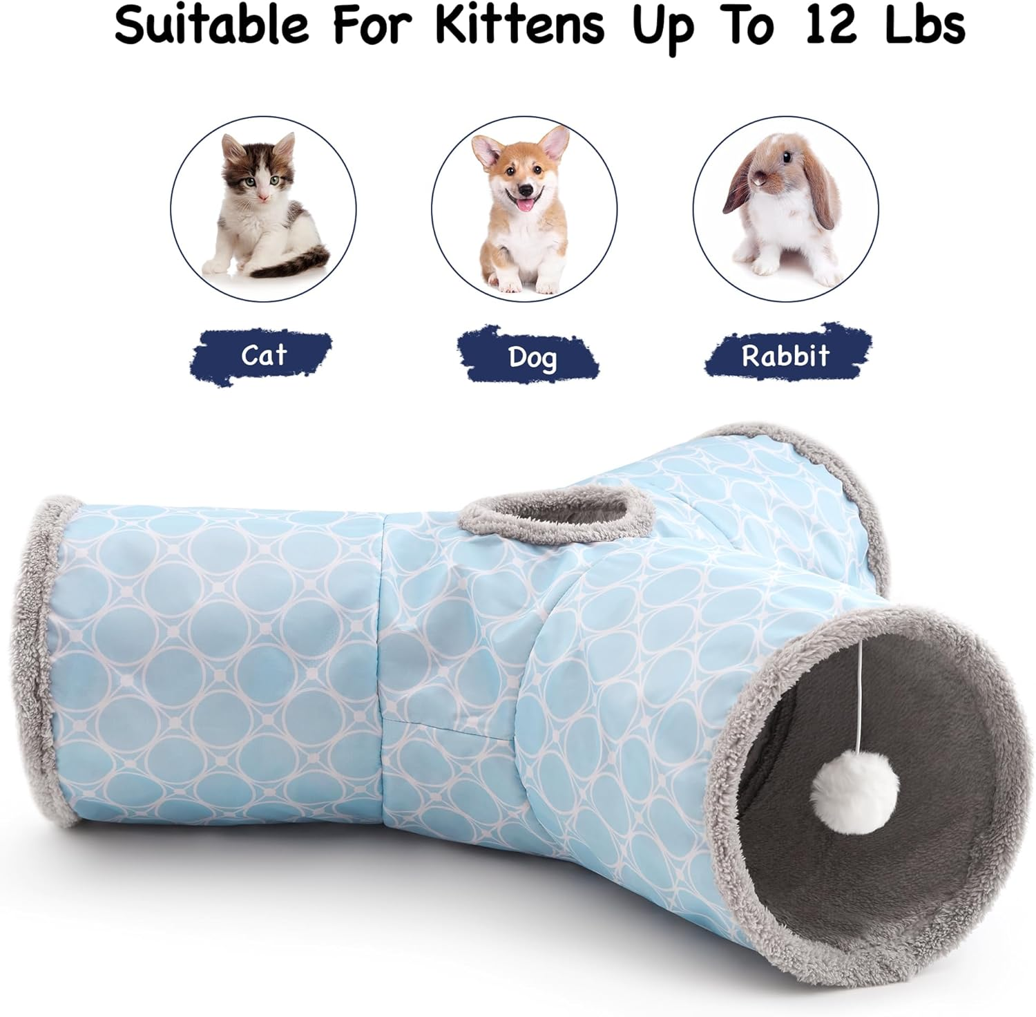 Tempcore Cat Tunnels for Indoor Cats Fleece-Lined in for Warmth, Pet Tube Toys 3 Way Collapsible, Pet Play Tunnel with Peek Hole Toy Ball for Kitty, Kitten, Rabbit, Geometry Blue - 3-Way Blue image number 6
