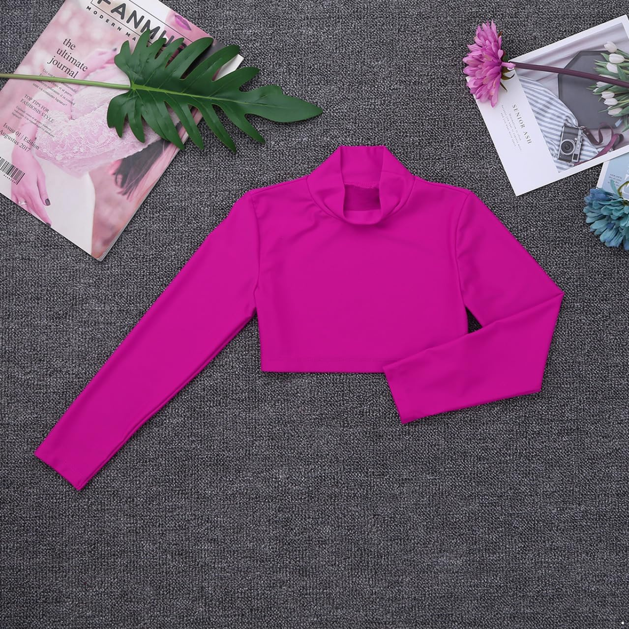 Sxiwei Kids Girls Long Sleeve Mock Neck Ballet Dance Gymnastic Crop Top Dancewear image number 1