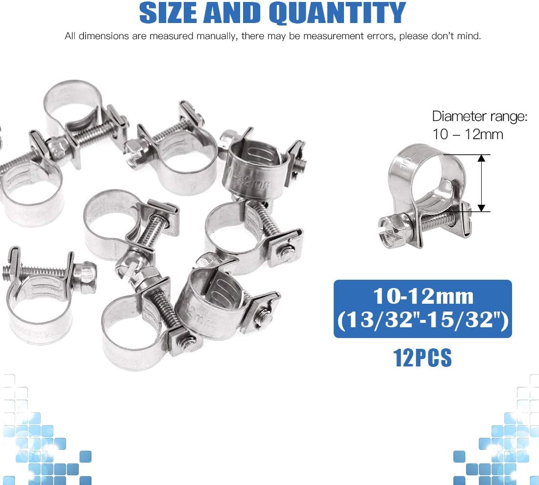 Glarks 12Pack 10-12Mm Stainless Steel Mini Fuel Injection Hose Clamps Adjustable Pipe Hose Clip Tube Clamps Set (13/32''-15/32'' Dia) image number 5