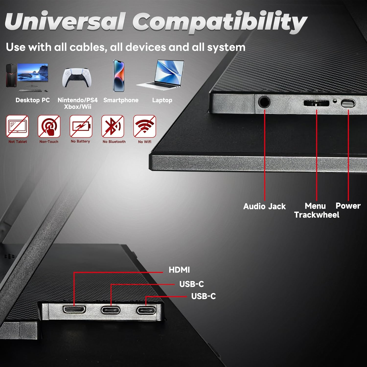 13.5 Inch 2K Portable Monitor-Ultra Slim, Full HD Display for Laptops, Pcs, Gaming, and More - USB-C and HDMI Connectivity, VESA Mount Compatibility, Eye-Care Technology, and Wide Viewing Angle