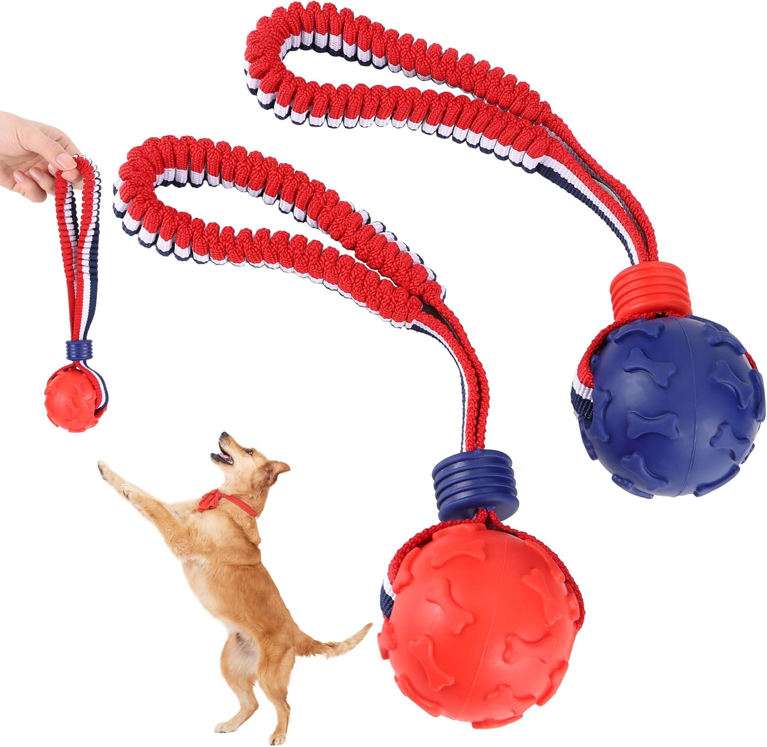 Yiliya Dog Ball on a Rope, 2 Pieces, Diameter 7 Cm, Interactive Natural Rubber Ball Dog for Fetching, Catching, Throwing and Pulling War, 30 Cm (Blue + Red) image number 4