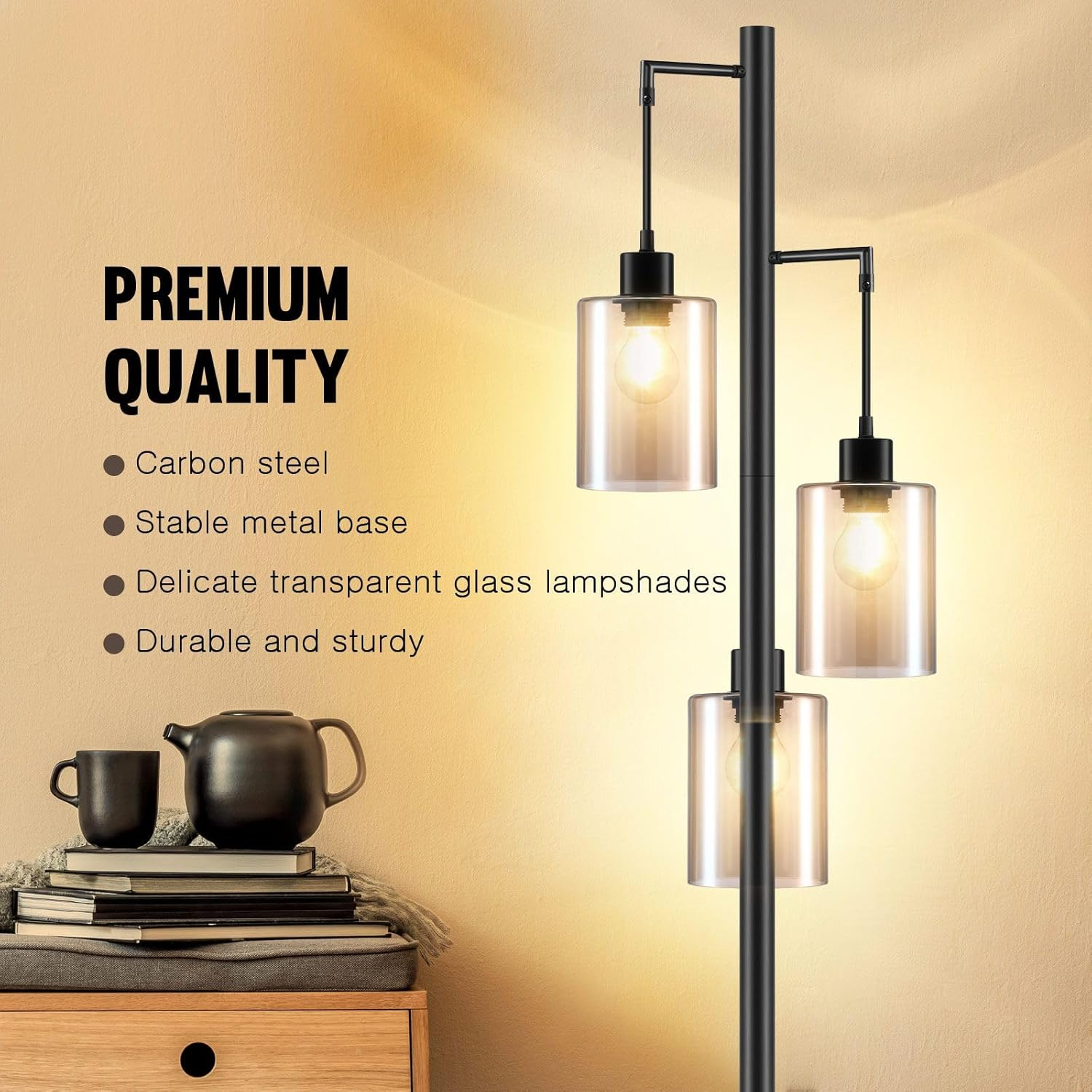 Modern LED Floor Lamp 3 Lights Black Standing Corner Reading Light Living Sitting Room Decor 165Cm with Glass Lampshades image number 6