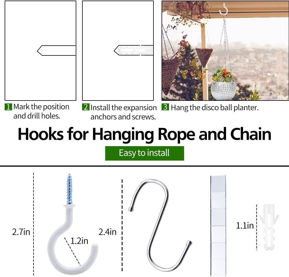 FGBNM Disco Ball Planter, 4" Silver Disco Ball Planter, Disco Ball Plant Hanger with Hanging Rope, Hanging Chain, Hook, Circle and Extra Mirror Pieces (4" Silver, 1Pcs) image number 4