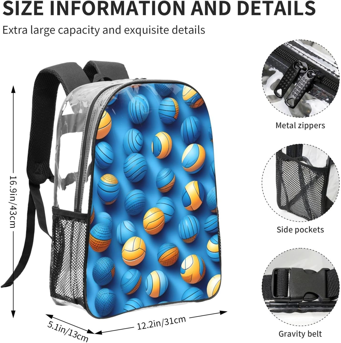 Blue Volleyball Print Students Transparent Backpack School Travel Bookbag Versatile Pockets Boys Girls image number 2