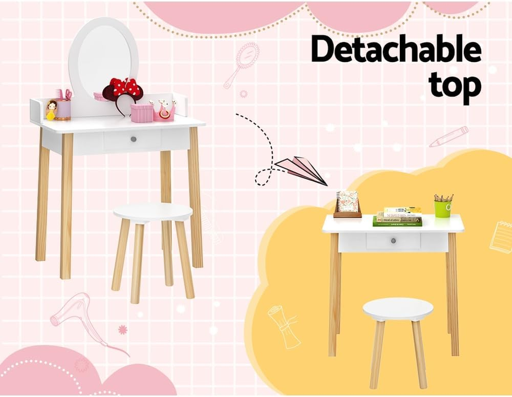 Keezi Kids Vanity Dressing Table Stool Set with Mirror Drawer, 2 in 1 Children Dresser Makeup Desk Chair for Girls Bedroom Furniture, MDF Board Smooth Surface with 4 Wooden Legs White image number 5