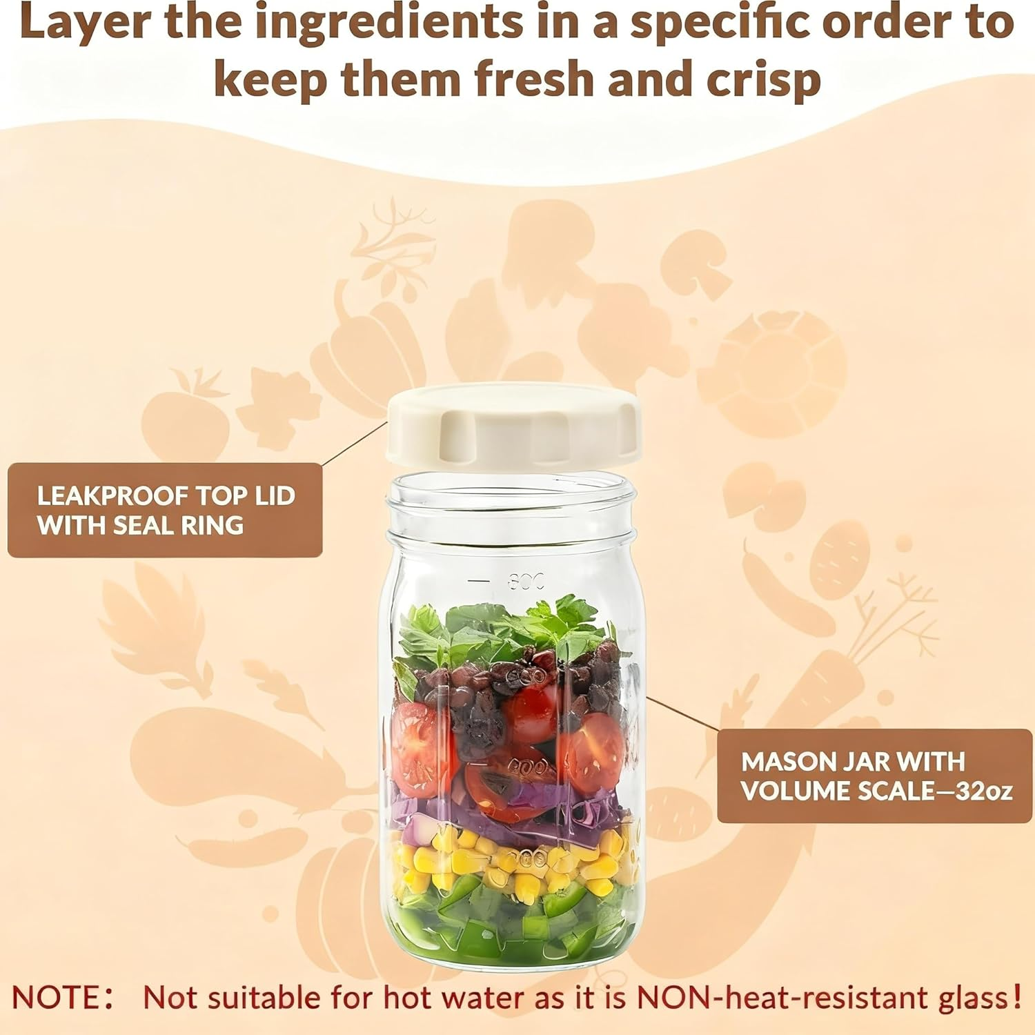 Telfun 4 Pack Glass Salad Jars with Lids Meal Prep, Leakproof Salad Container for Lunch, 32Oz Mason Jars image number 4