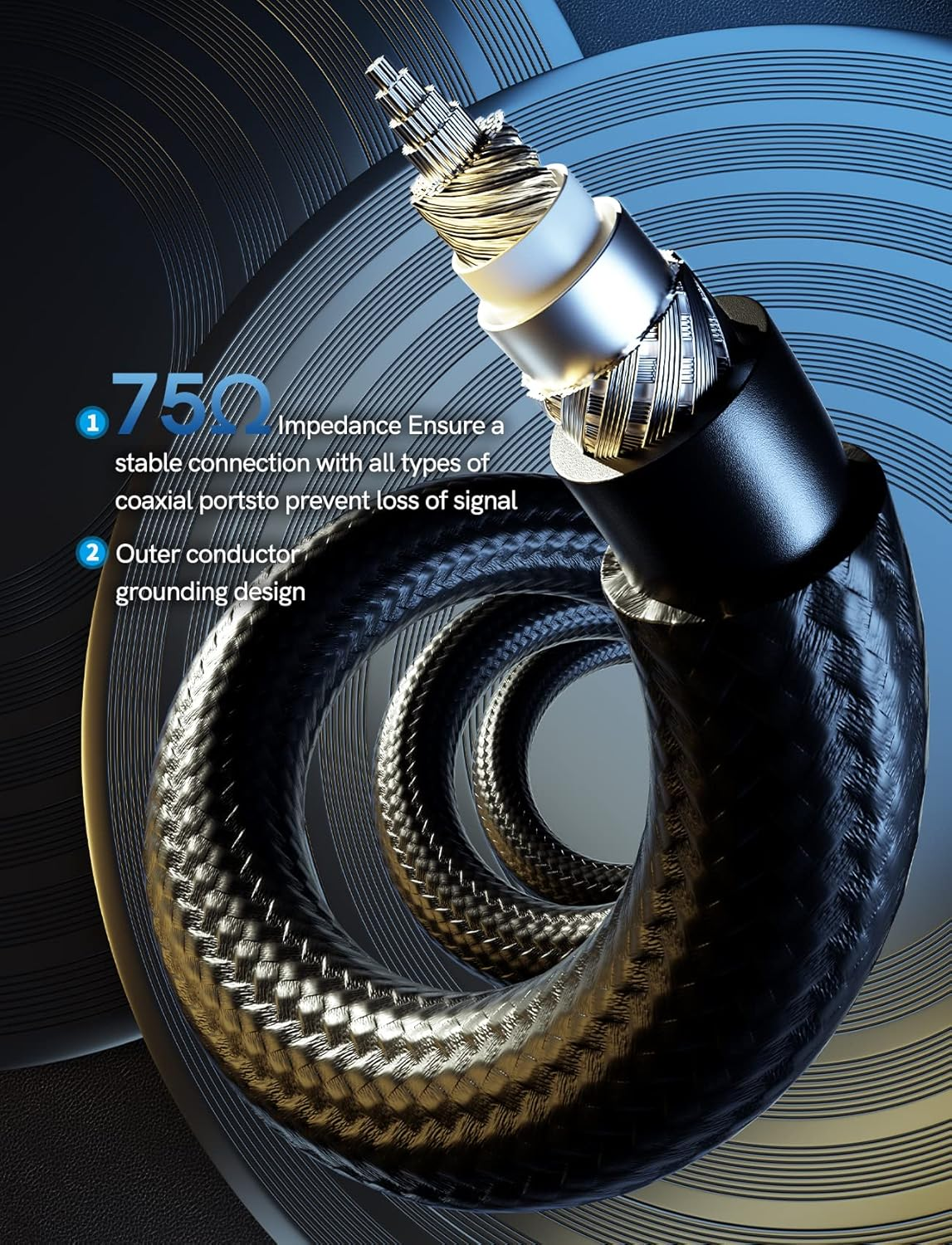 VIOY Coaxial Digital Audio Cable (6.6FT), [Gold-Plated & Braided] Subwoofer Cable RCA Male to Male Hifi 5.1 SPDIF Stereo Audio Cable for Home Theater, HDTV, Amplifier Speaker Soundbar image number 6