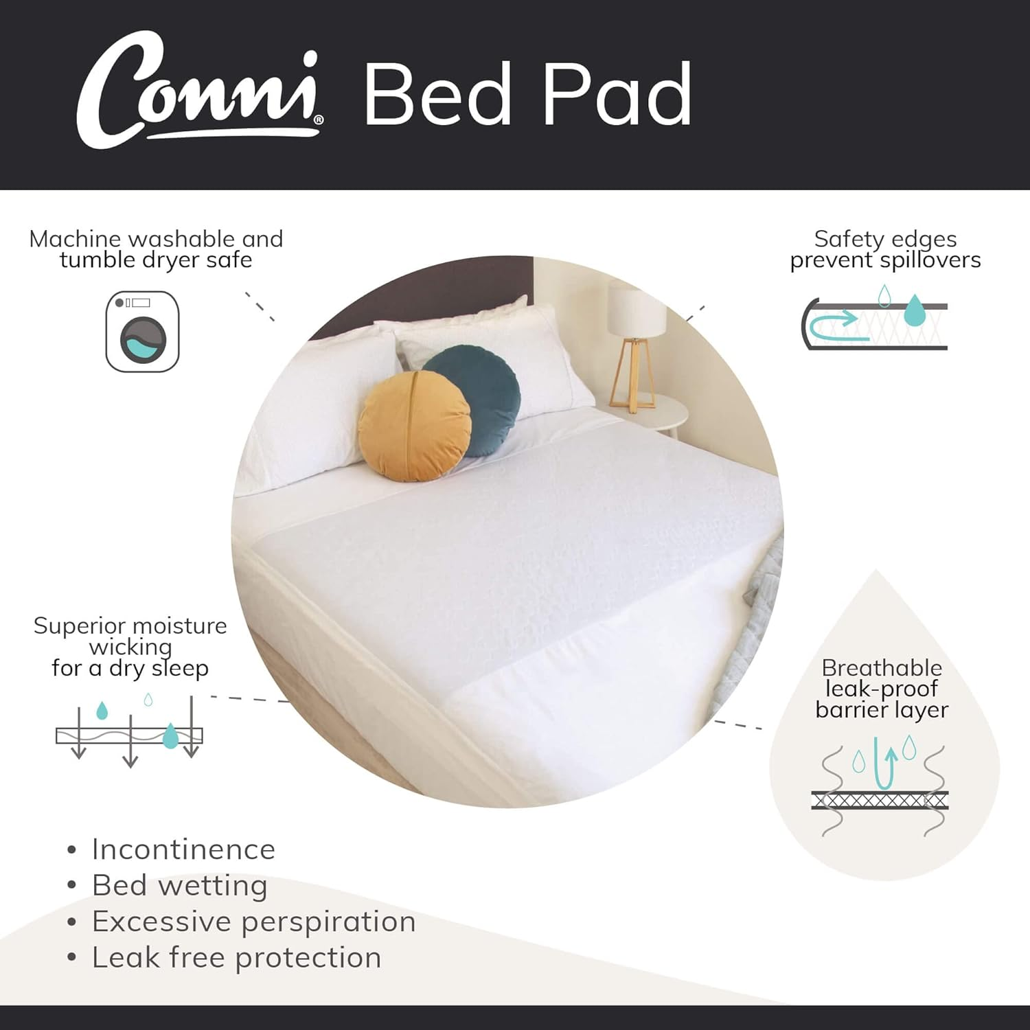 Conni X-Wide Reusable Bed Pad with Tuck-Ins, Absorbent, Waterproof and Washable Protector Pad for Incontinence, Bed Wetting and Perspiration, White, 153 X 85 Cm - Charcoal image number 2