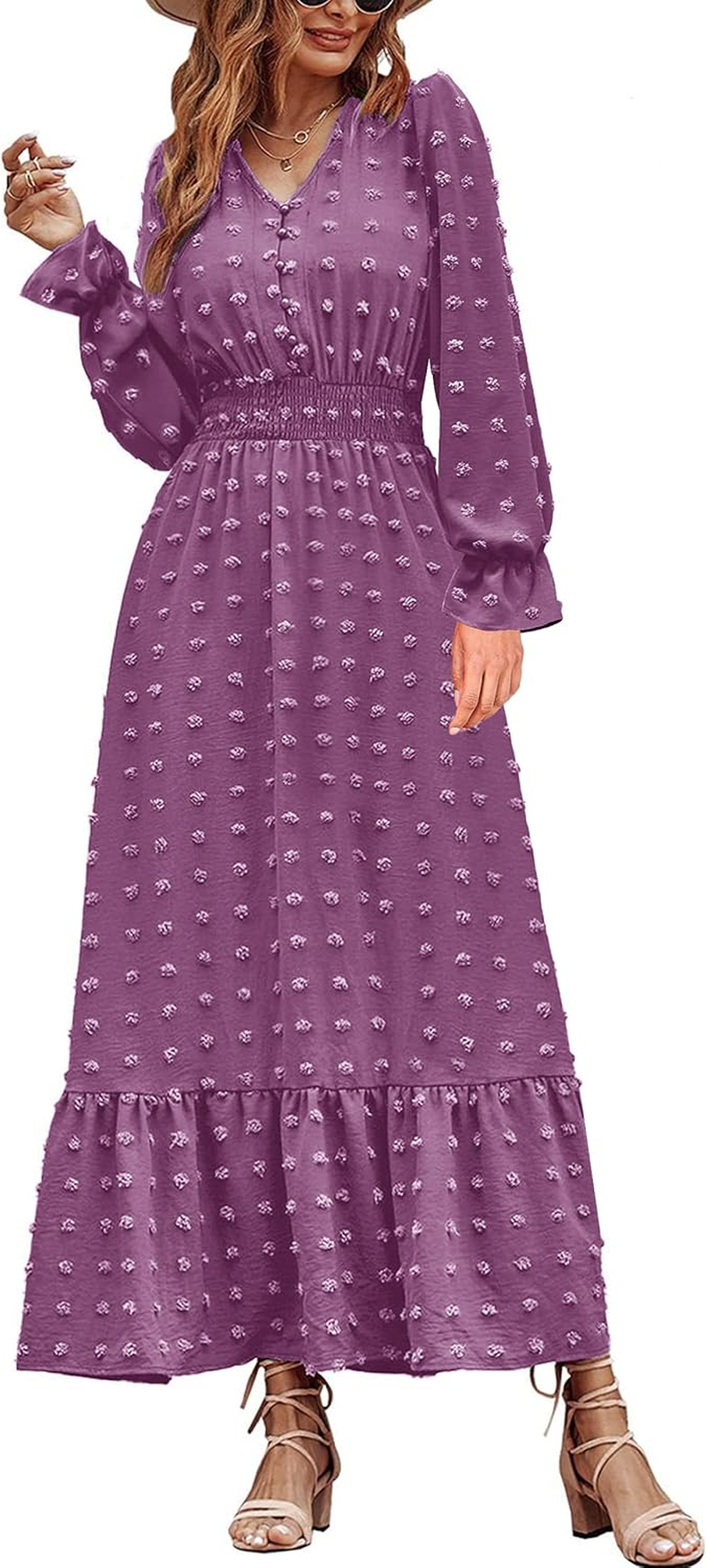 Women Nursing Boho Maxi Dress 2024 V Neck Swiss Dot Smocked High Waisted A-Line Ruffle Tiered Long Dress with Pockets image number 3