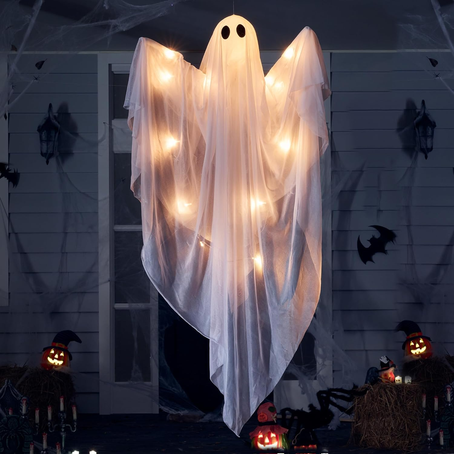 JOYIN Halloween Hanging Light up Ghost with Spooky Warm White LED Light, 47&rdquo; Halloween Hanging Decoration White Ghosts for Front Yard Patio Lawn Garden Party Decor Indoor Outdoor image number 4